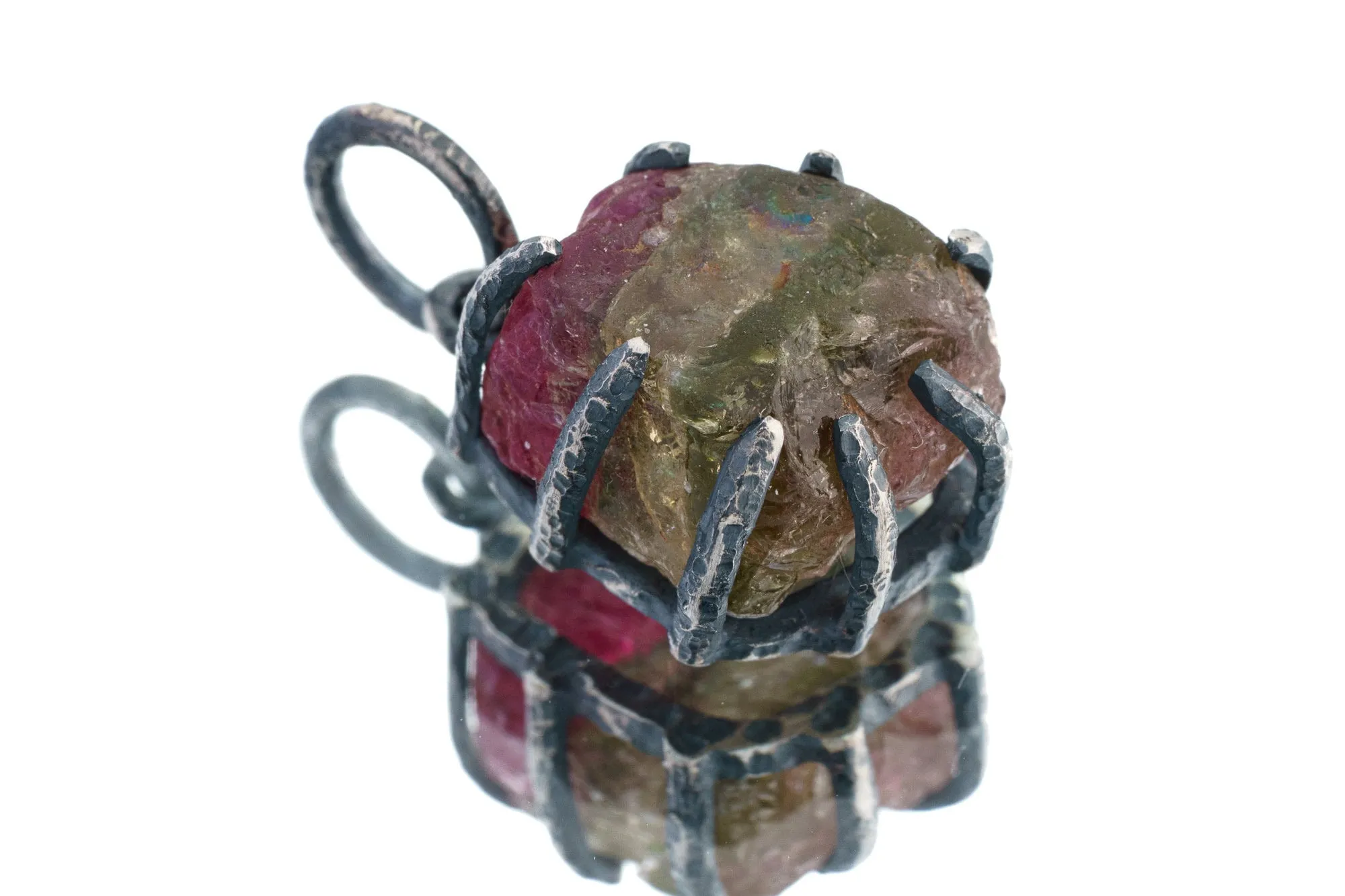 Raw Gem Watermelon Tourmaline Chunk- Oxidised Sterling Silver - Strong Claw Wire Setting  - Hammer Textured - Pendant Crystal Necklace