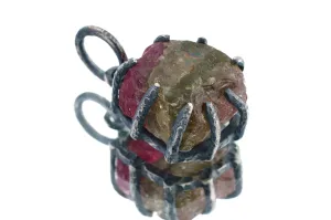Raw Gem Watermelon Tourmaline Chunk- Oxidised Sterling Silver - Strong Claw Wire Setting  - Hammer Textured - Pendant Crystal Necklace