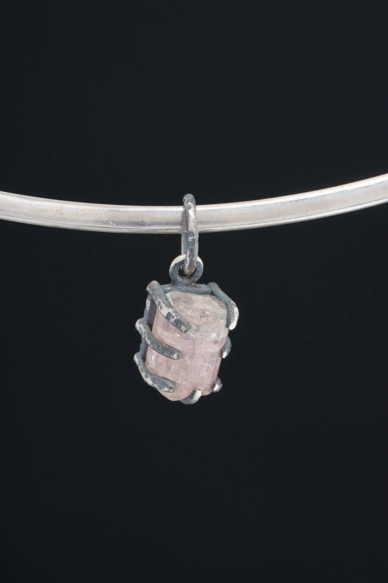 Raw Gem Watermelon Tourmaline Green cap - Oxidised Sterling Silver - Strong Claw Wire Setting  - Hammer Textured - Pendant Crystal Necklace