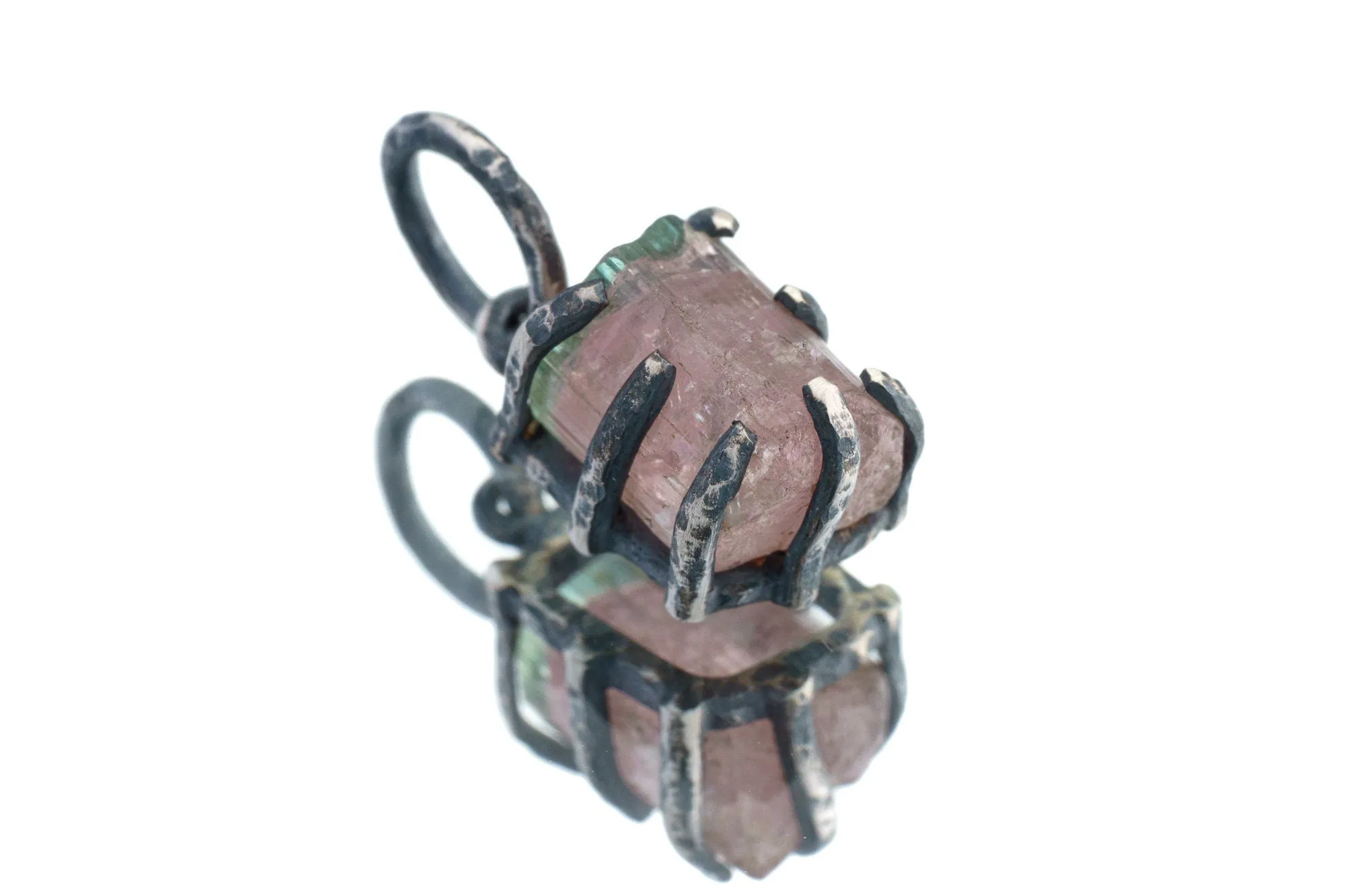 Raw Gem Watermelon Tourmaline Green cap - Oxidised Sterling Silver - Strong Claw Wire Setting  - Hammer Textured - Pendant Crystal Necklace