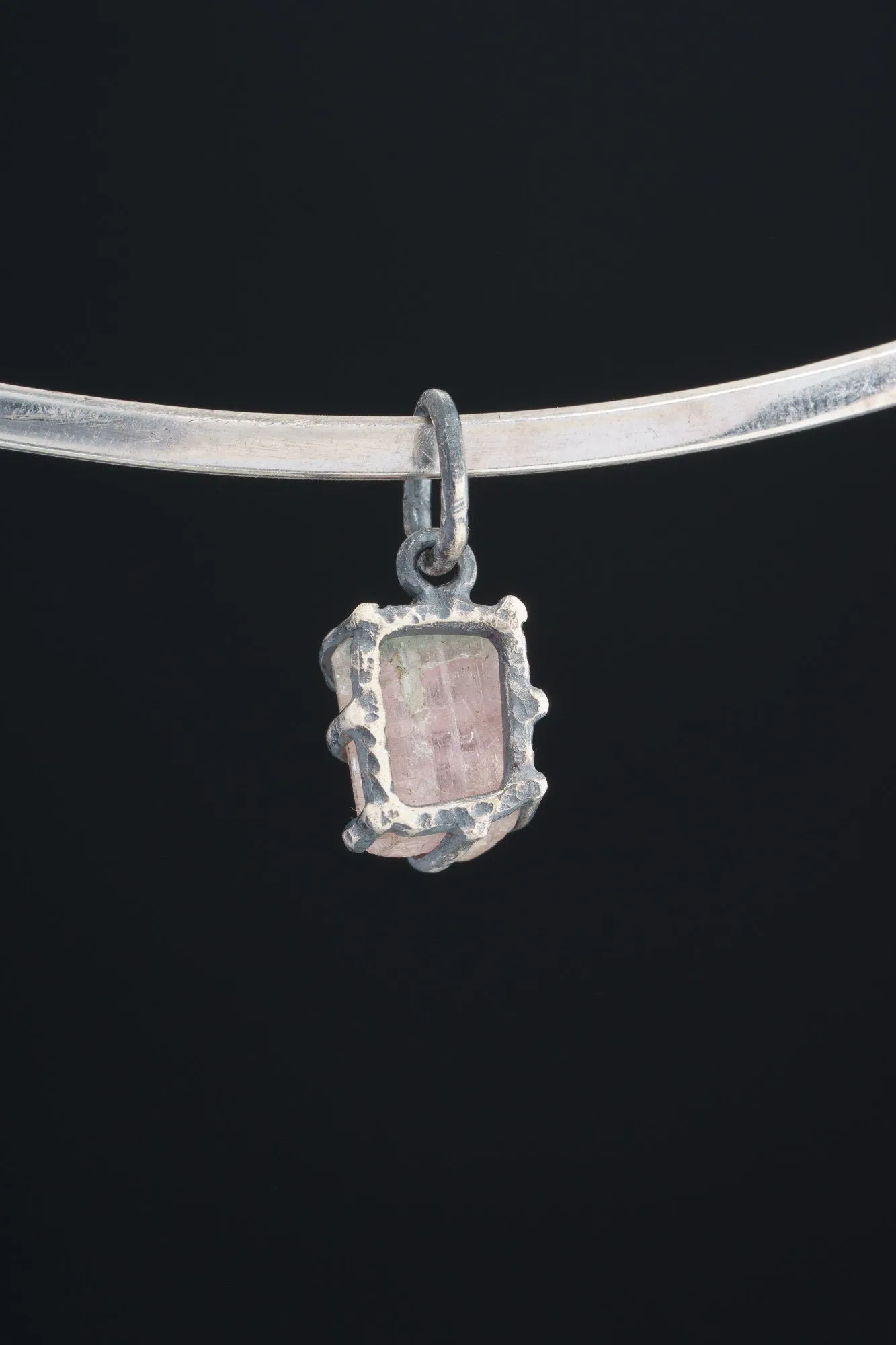 Raw Gem Watermelon Tourmaline Green cap - Oxidised Sterling Silver - Strong Claw Wire Setting  - Hammer Textured - Pendant Crystal Necklace