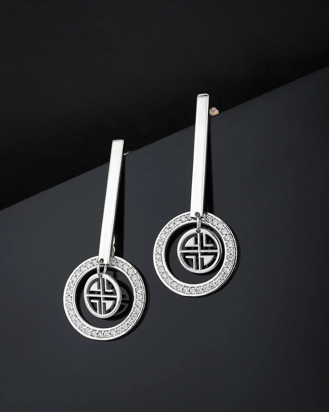 Rhodium Plated Contemporary Drop Earring With Dangling Pearl