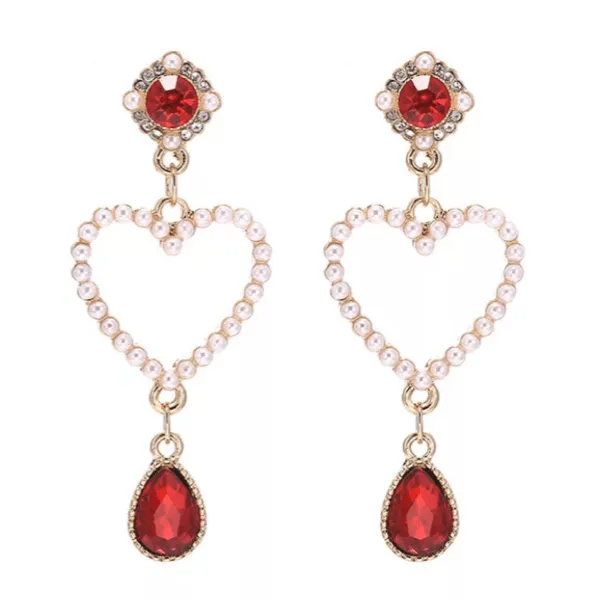 Romantic Dangling Ruby Crystal & Freshwater Pearl Heart Earrings