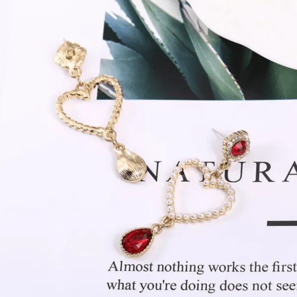 Romantic Dangling Ruby Crystal & Freshwater Pearl Heart Earrings