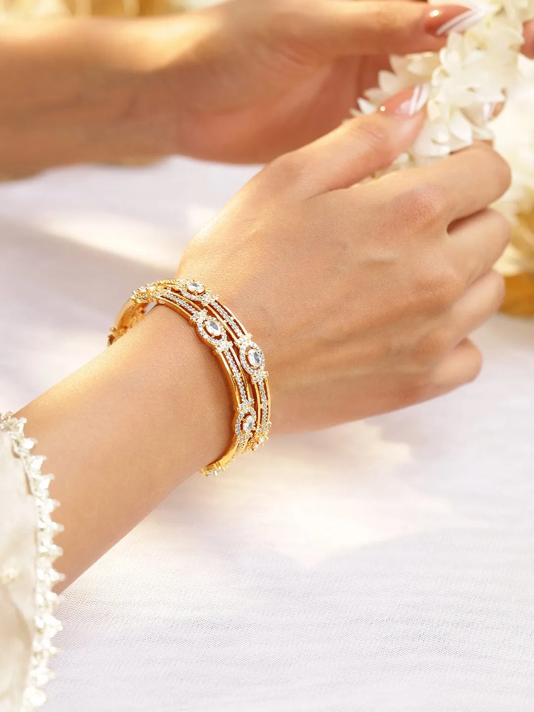 Rubans Set of 2, 22K Gold-Plated White Cubic Zirconia Studded Handcrafted Bangles