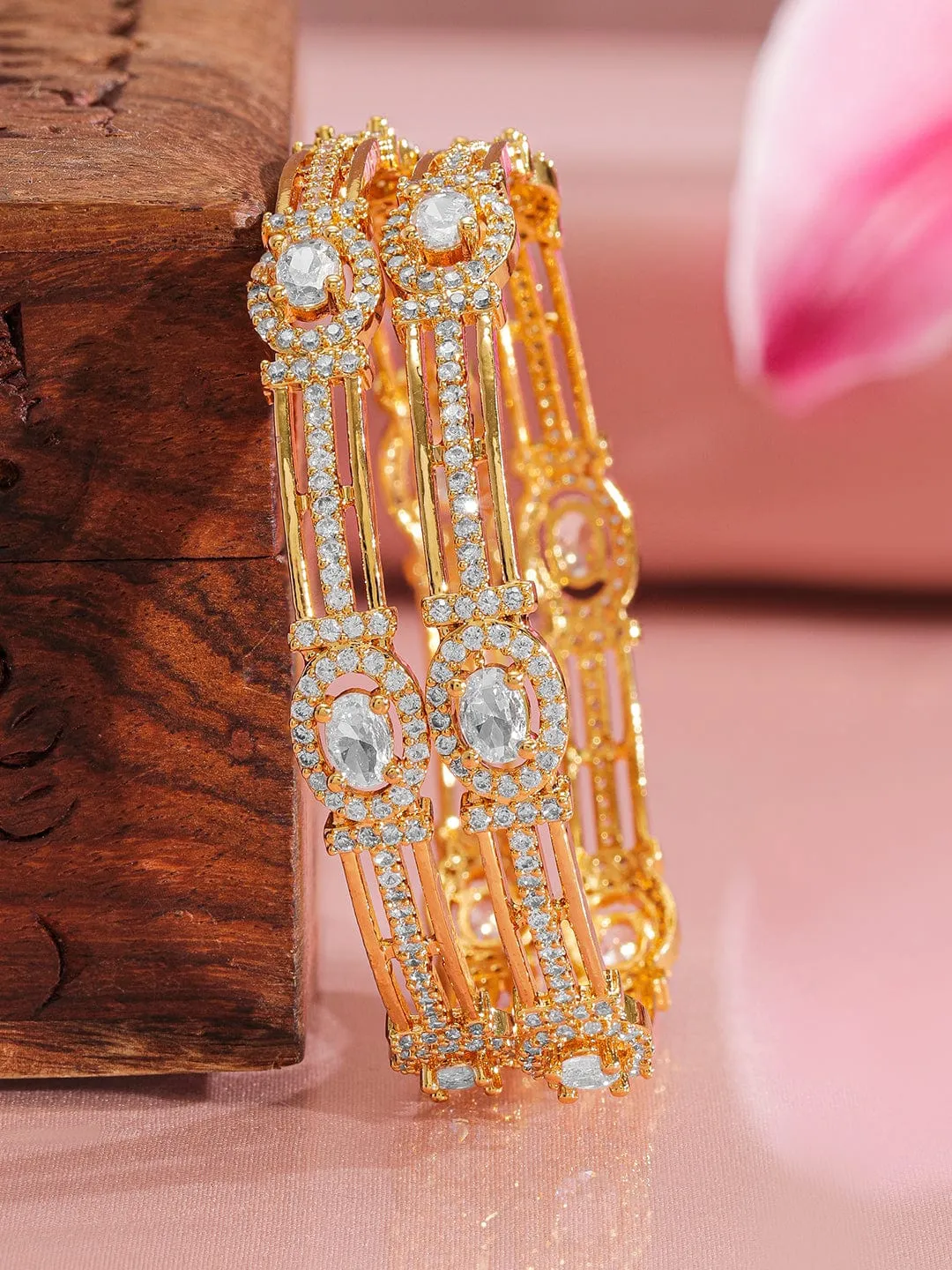 Rubans Set of 2, 22K Gold-Plated White Cubic Zirconia Studded Handcrafted Bangles