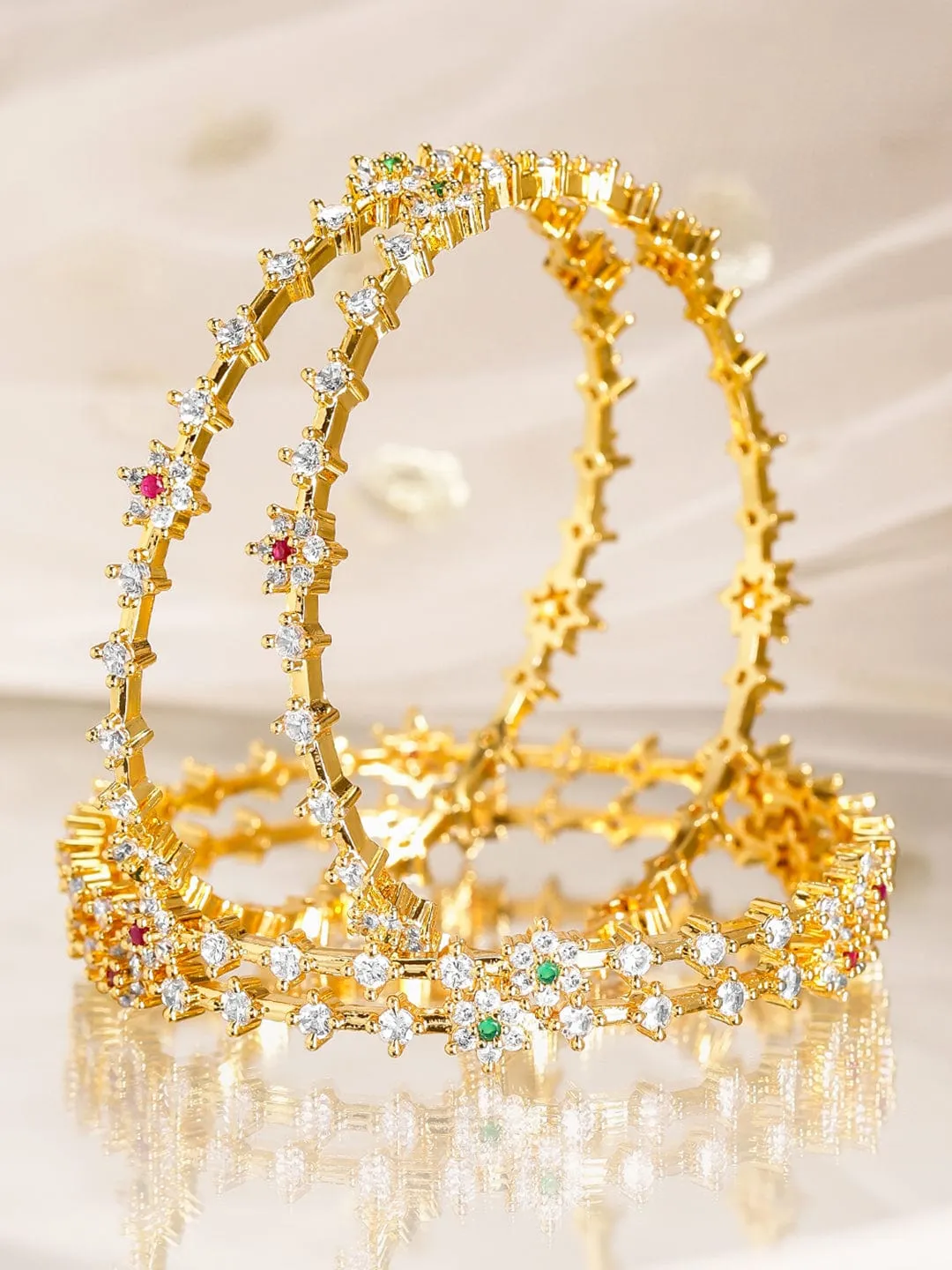 Rubans Set Of 4 22 K Gold Plated Ruby, Emerald & CZ-Studded Bangles