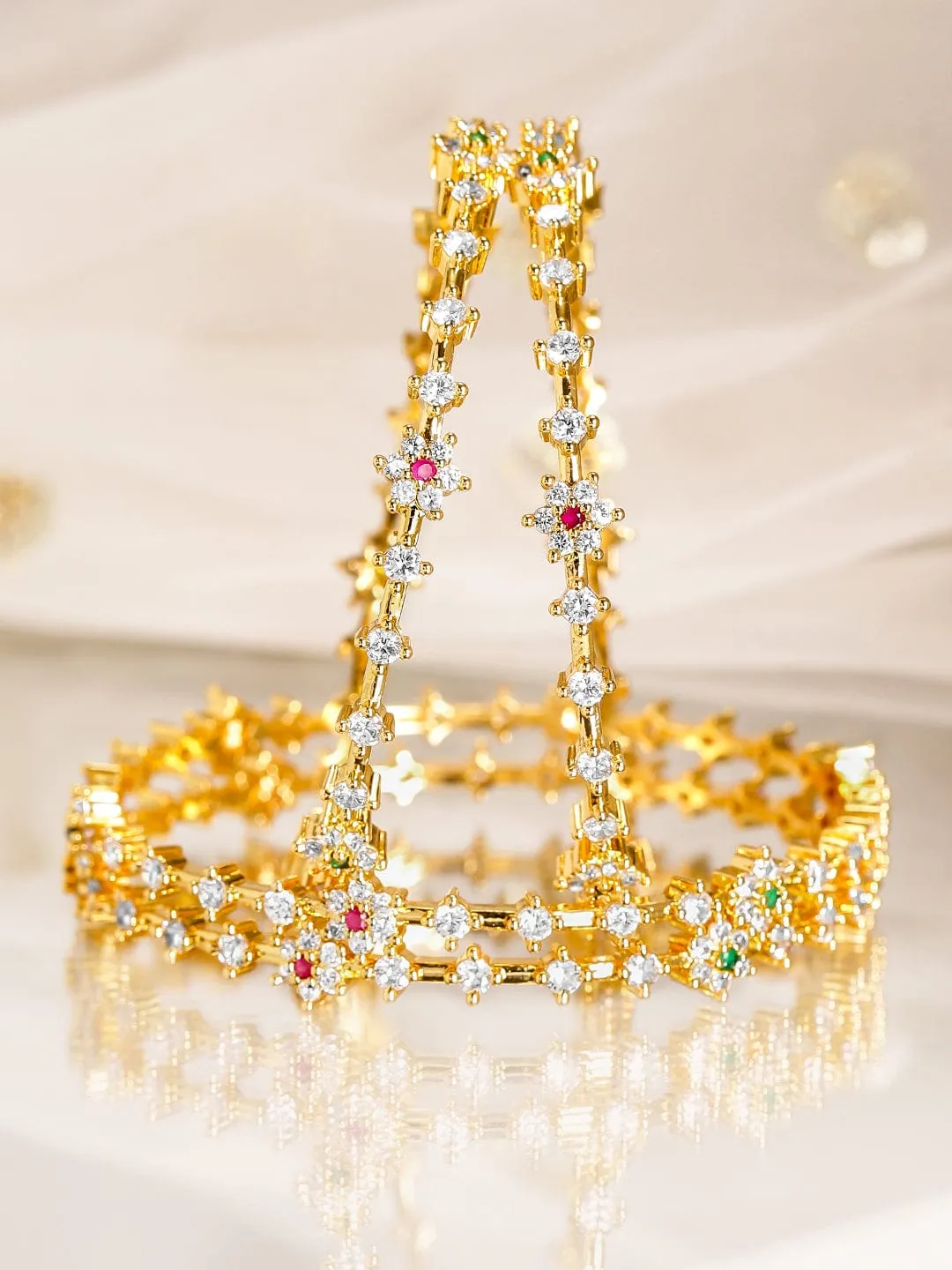Rubans Set Of 4 22 K Gold Plated Ruby, Emerald & CZ-Studded Bangles