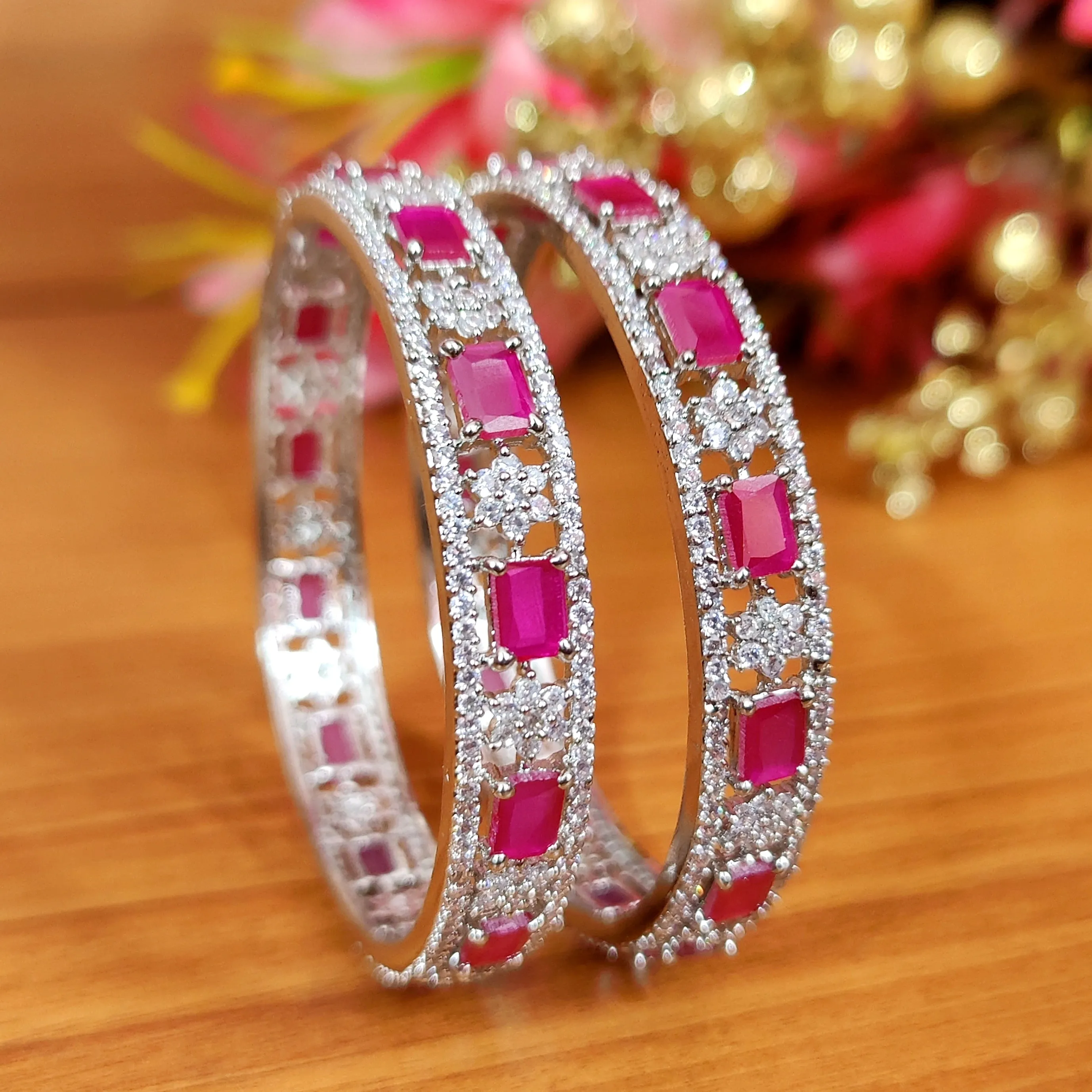 RUBY EMBELLISHED CZ SILVER PLATED BANGLES