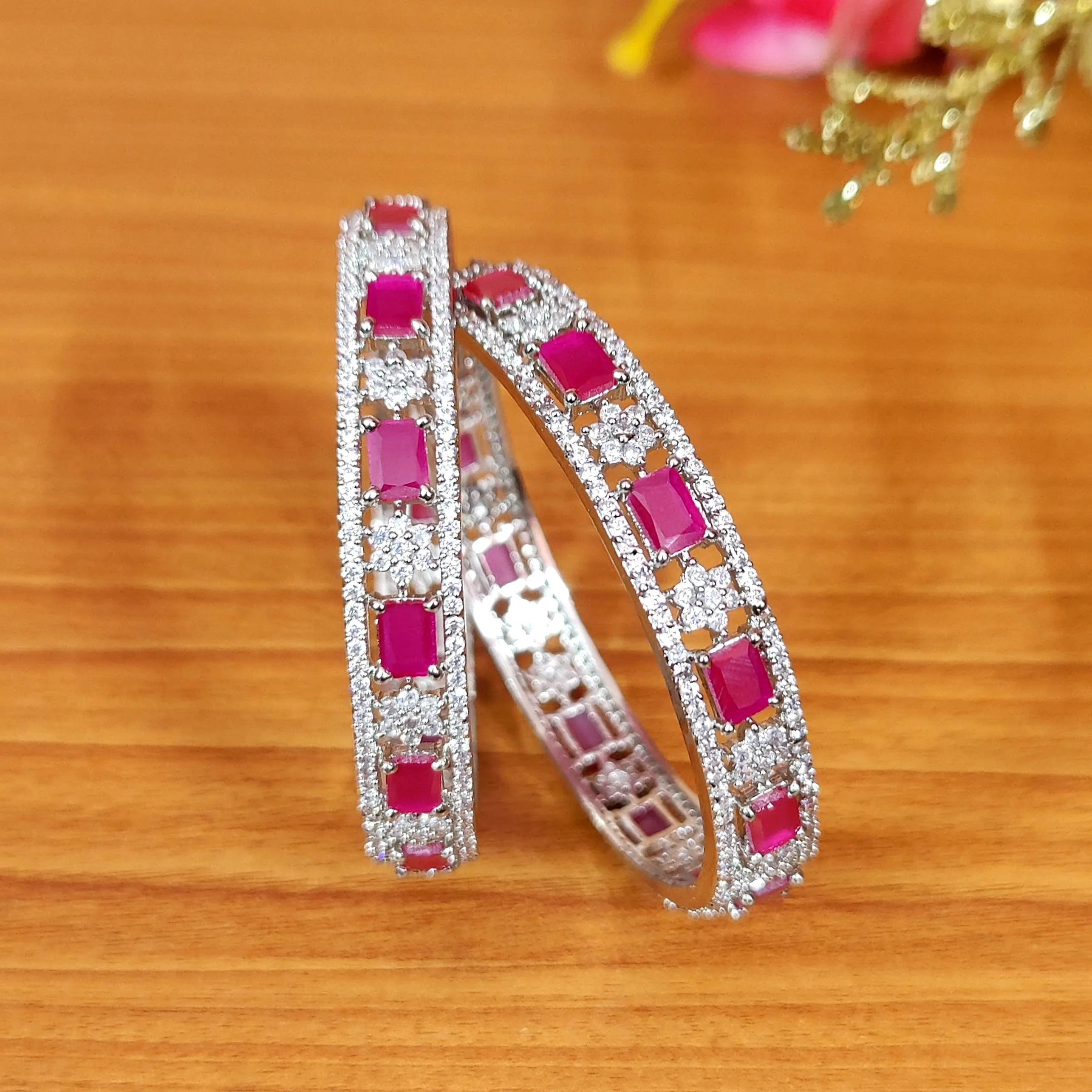 RUBY EMBELLISHED CZ SILVER PLATED BANGLES