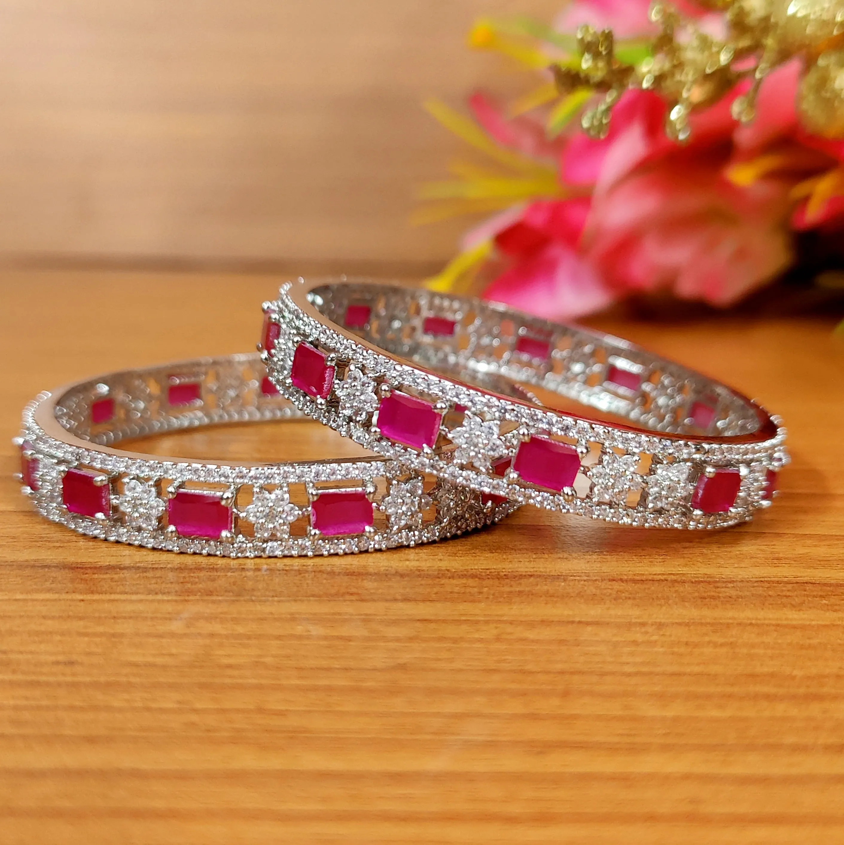 RUBY EMBELLISHED CZ SILVER PLATED BANGLES