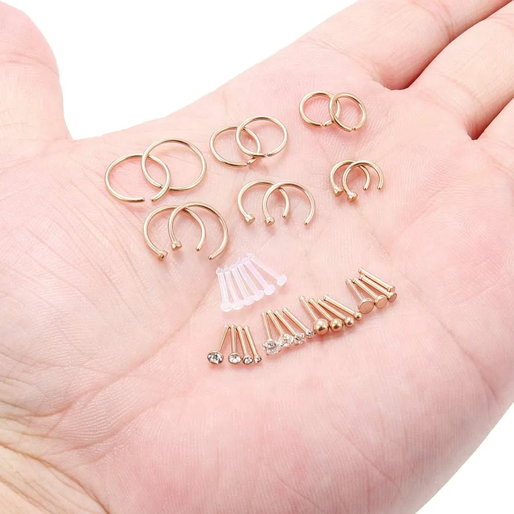 Ruifan 20G 18G Surgical Steel 1.5mm-3mm Flat Ball Clear Diamond CZ Nose Stud Rings Bone Pin Piercing Jewelry 16-34PCS