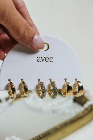 Set of 3 Rhinestone Gold Hoop Earrings