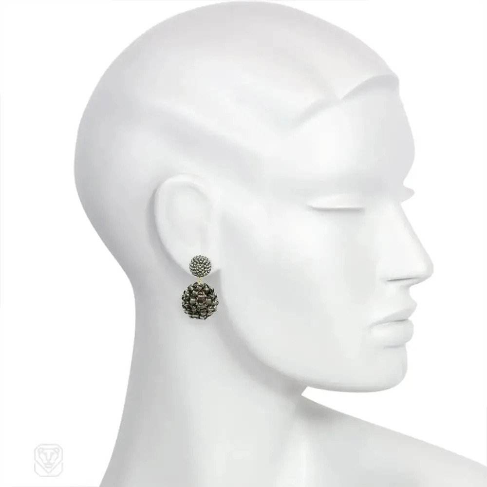 Silver and grey glass beaded double ball earrings