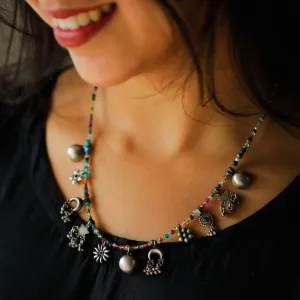 Silver Charms Motifs Necklace with Multicolor Semi Precious Stones