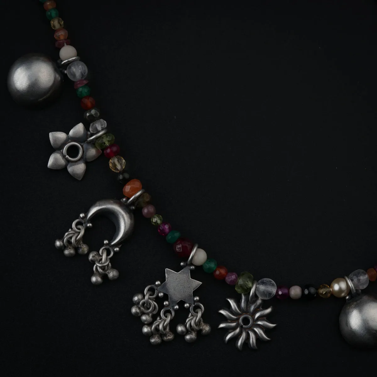 Silver Charms Motifs Necklace with Multicolor Semi Precious Stones