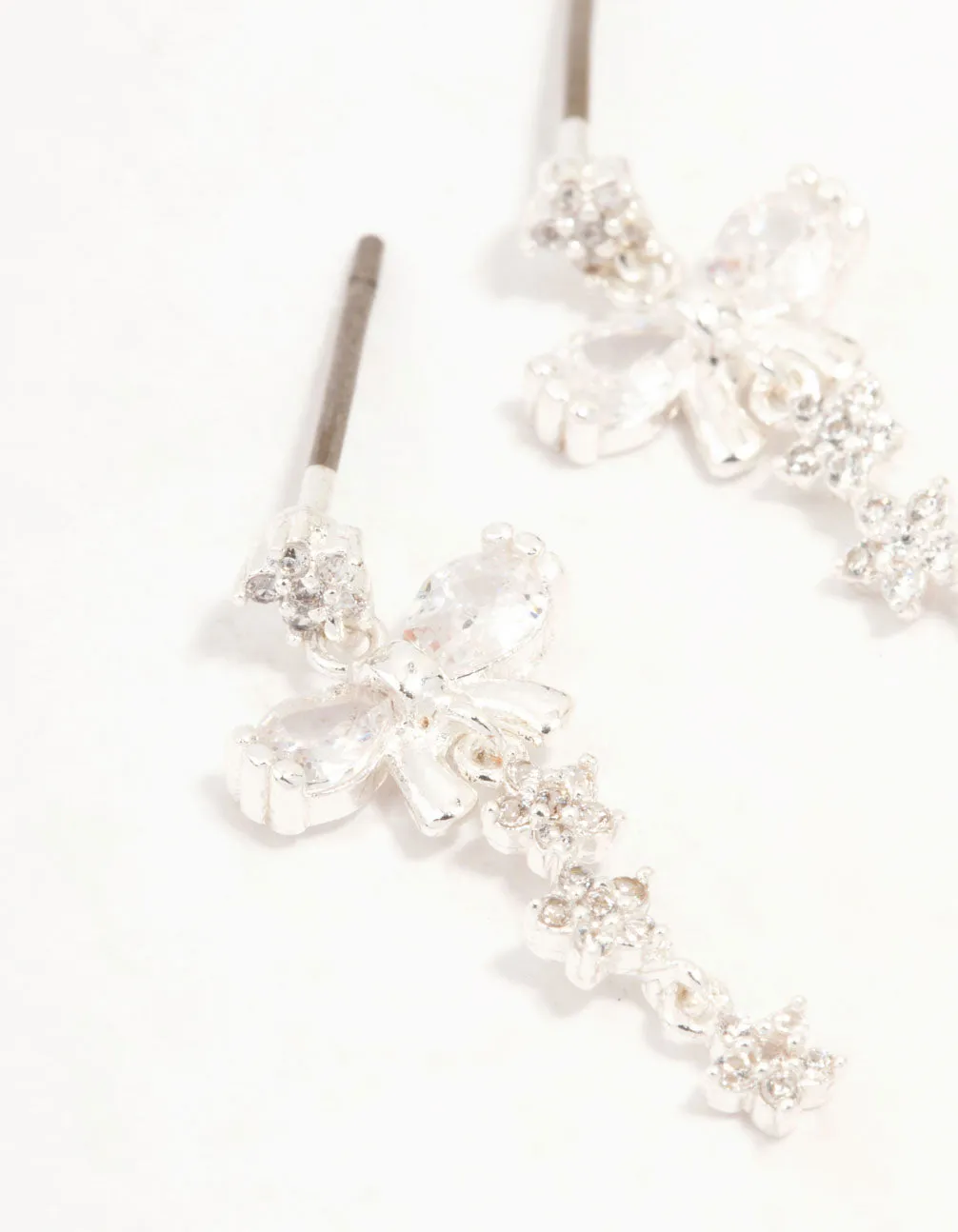 Silver Plated Cubic Zirconia Bow & Mini Flower Drop Earrings