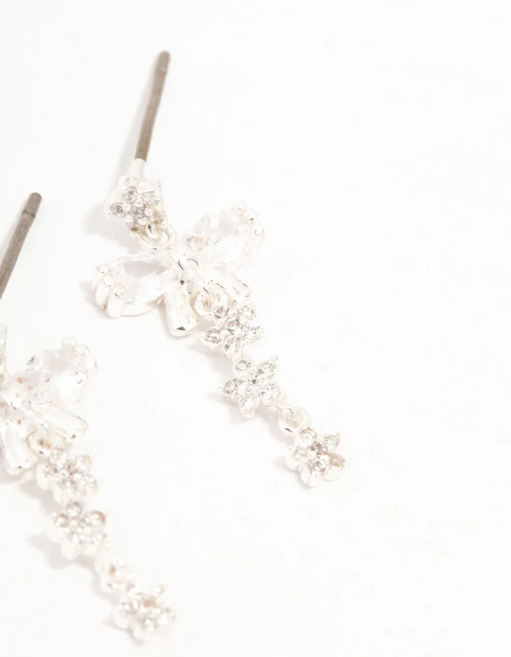 Silver Plated Cubic Zirconia Bow & Mini Flower Drop Earrings