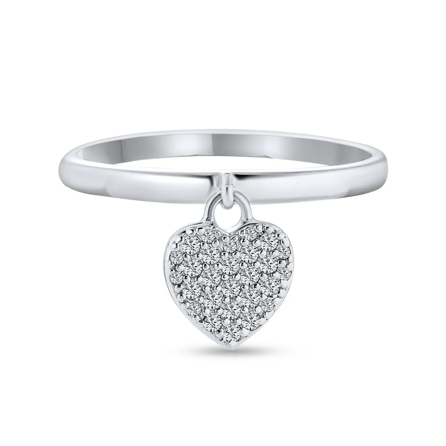 Simple Delicate Sterling Silver Ring with Pave Dangle Heart Charm