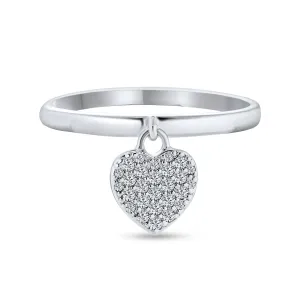 Simple Delicate Sterling Silver Ring with Pave Dangle Heart Charm