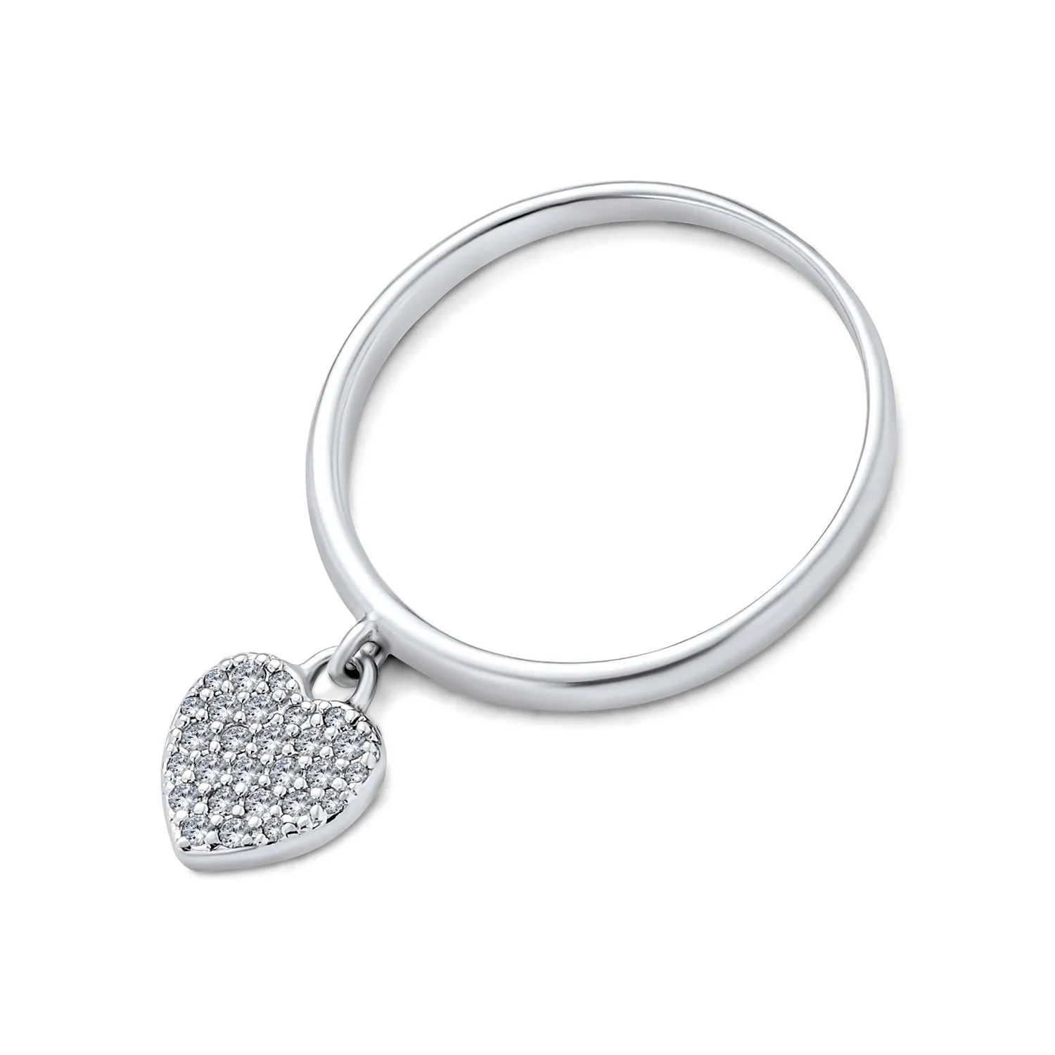 Simple Delicate Sterling Silver Ring with Pave Dangle Heart Charm