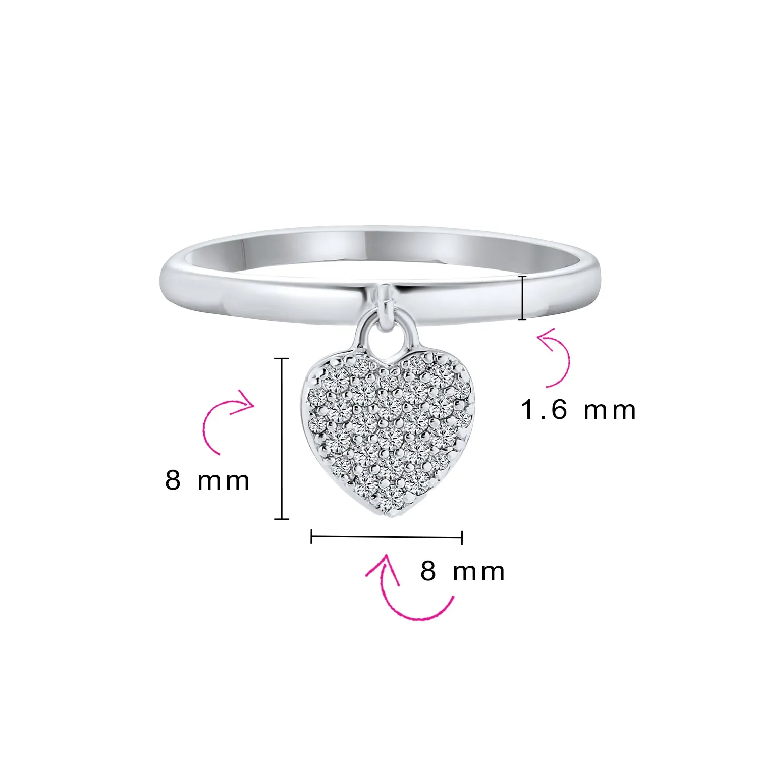 Simple Delicate Sterling Silver Ring with Pave Dangle Heart Charm