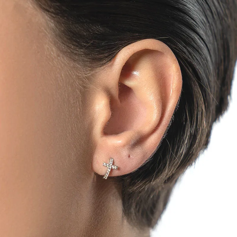 Small Cross Sterling Silver Earrings plated in Rhodium