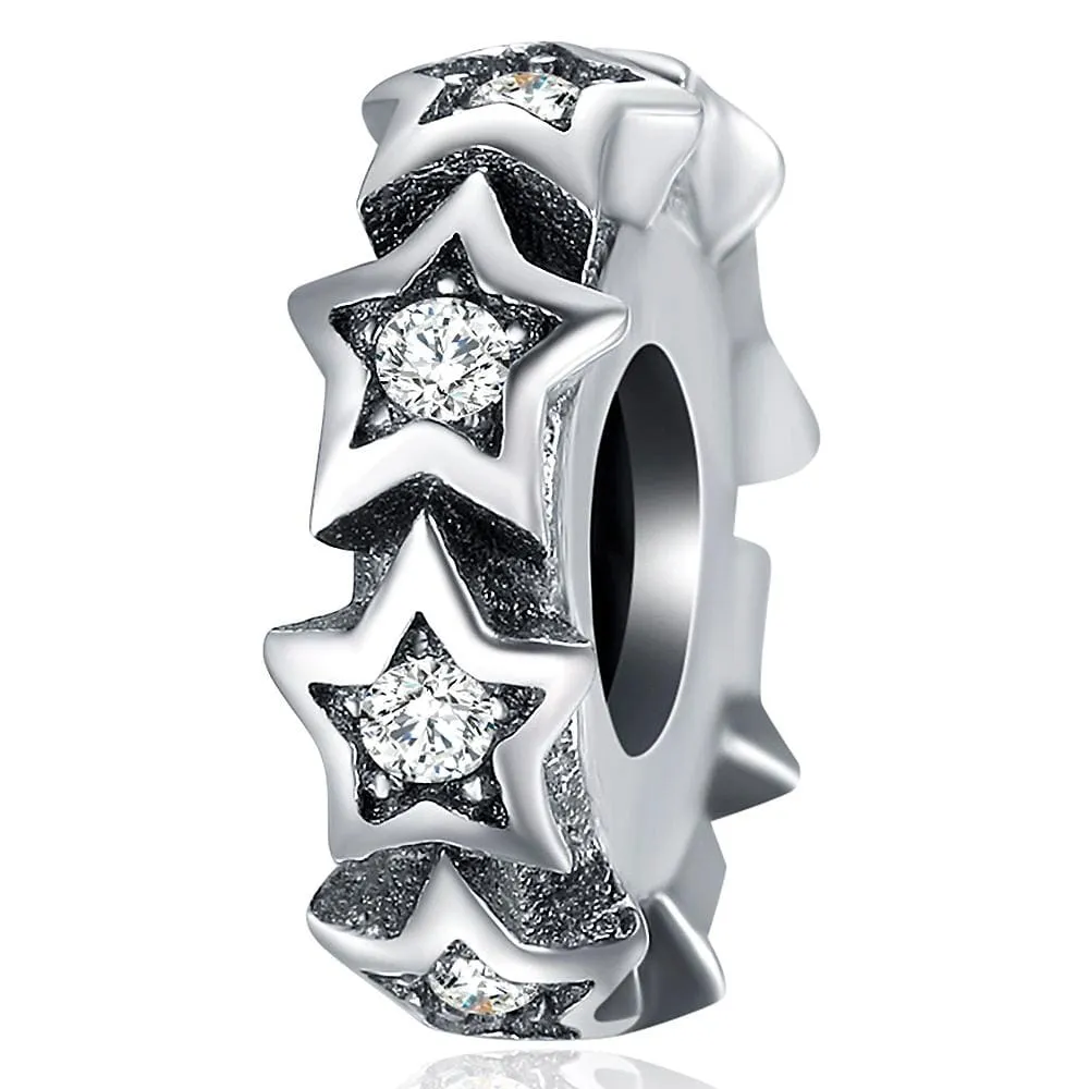 Solid 925 Sterling Silver Glowing Stars CZ Charm