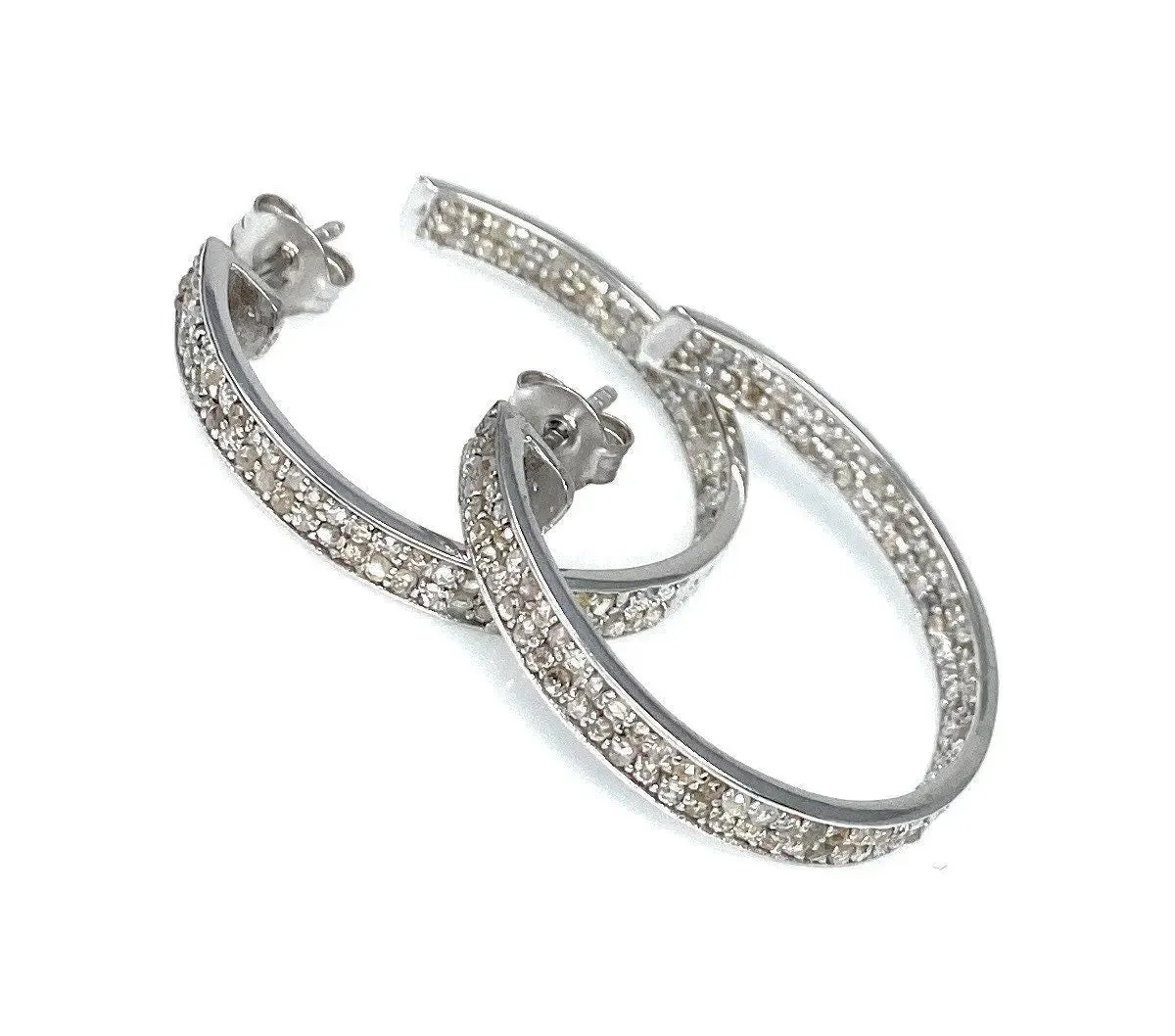 Sophisticated 25mm Sterling Silver Double Line Diamond Hoop Earrings