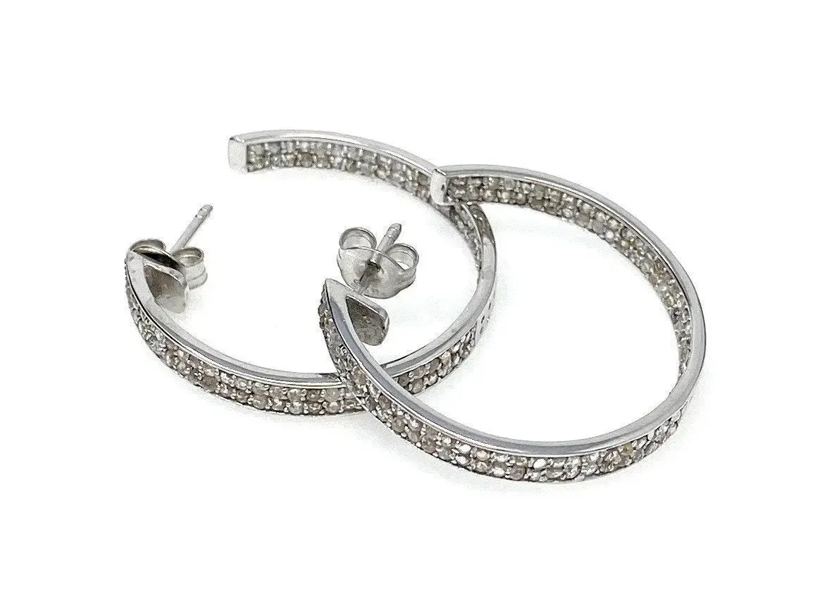 Sophisticated 25mm Sterling Silver Double Line Diamond Hoop Earrings