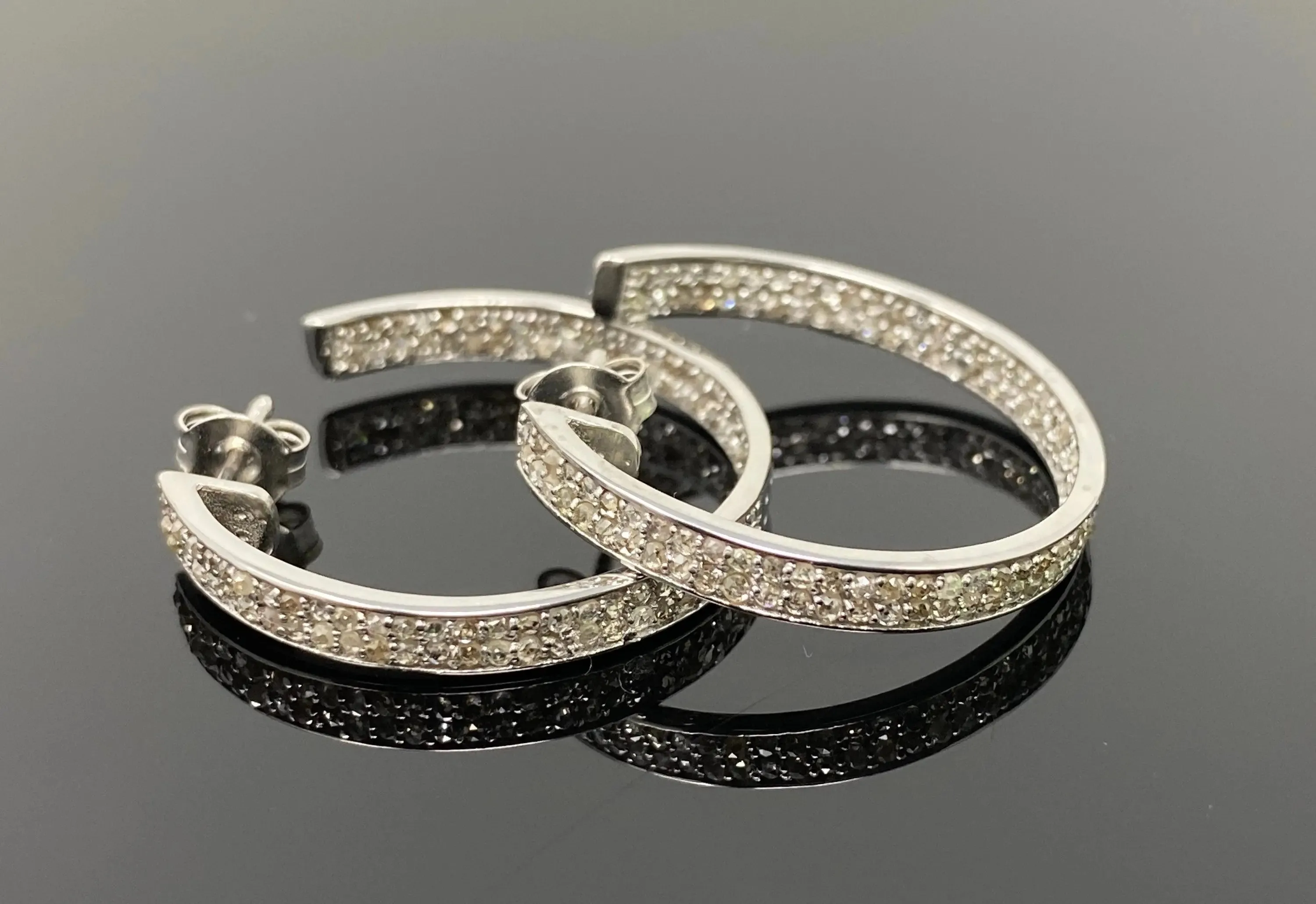 Sophisticated 25mm Sterling Silver Double Line Diamond Hoop Earrings