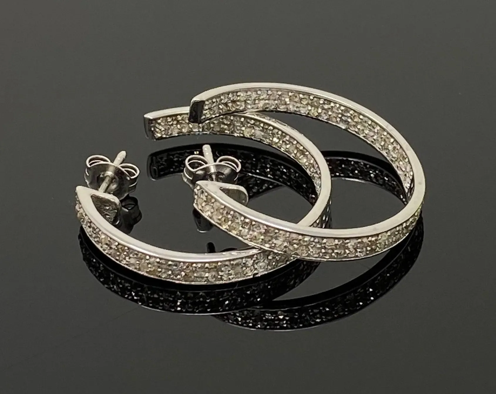 Sophisticated 25mm Sterling Silver Double Line Diamond Hoop Earrings