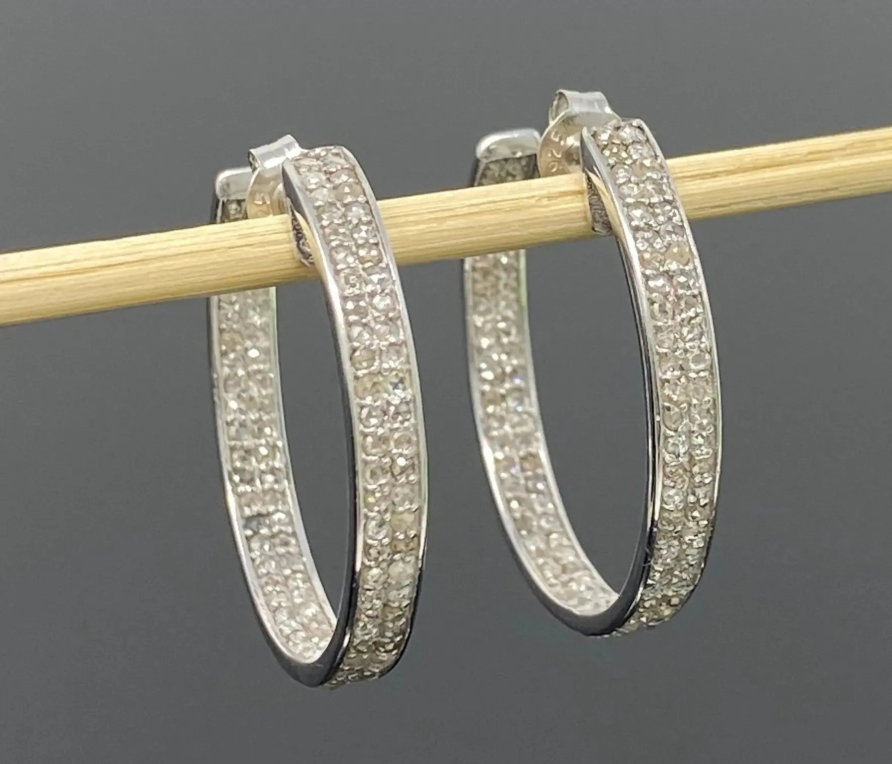 Sophisticated 25mm Sterling Silver Double Line Diamond Hoop Earrings
