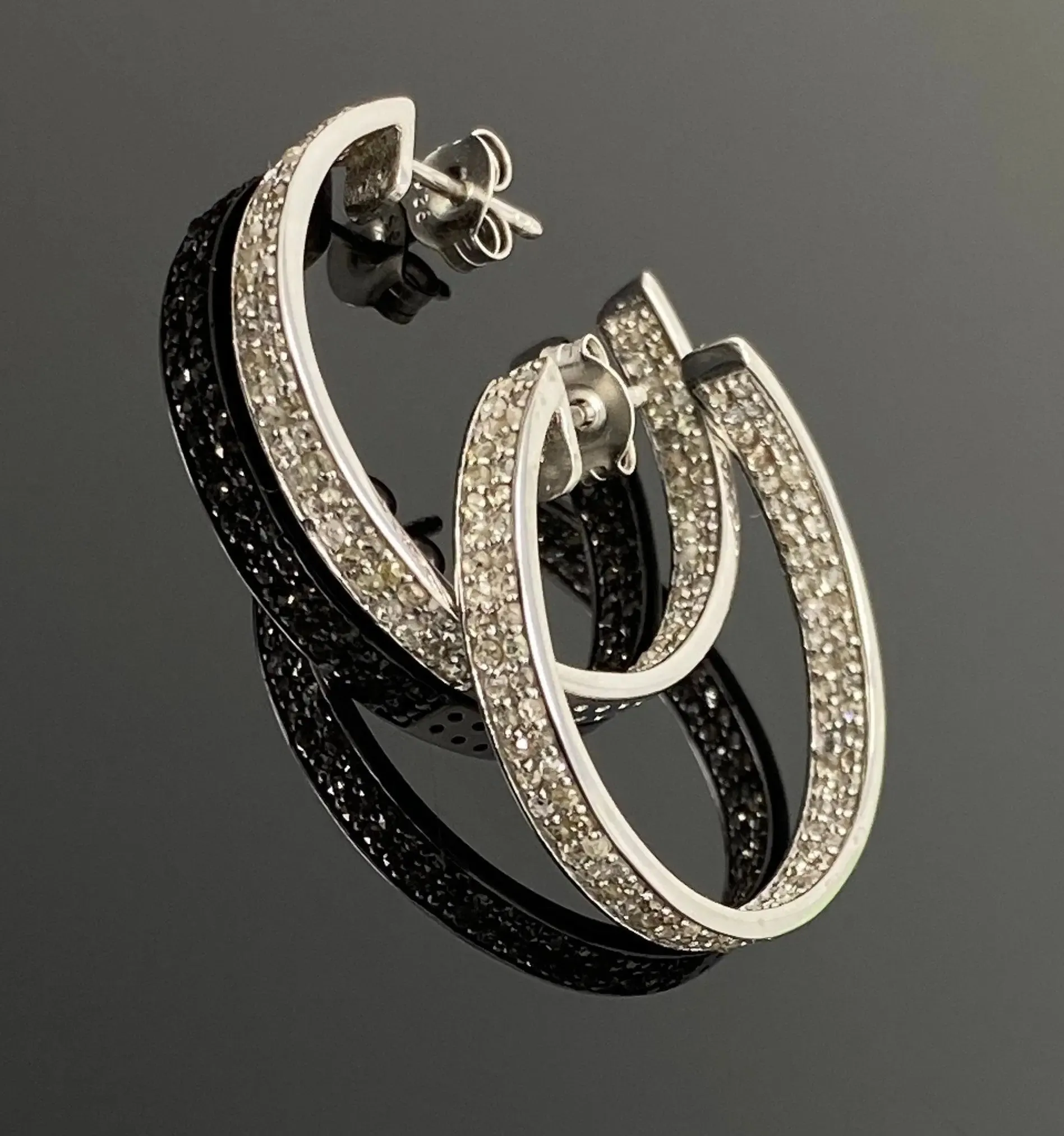 Sophisticated 25mm Sterling Silver Double Line Diamond Hoop Earrings