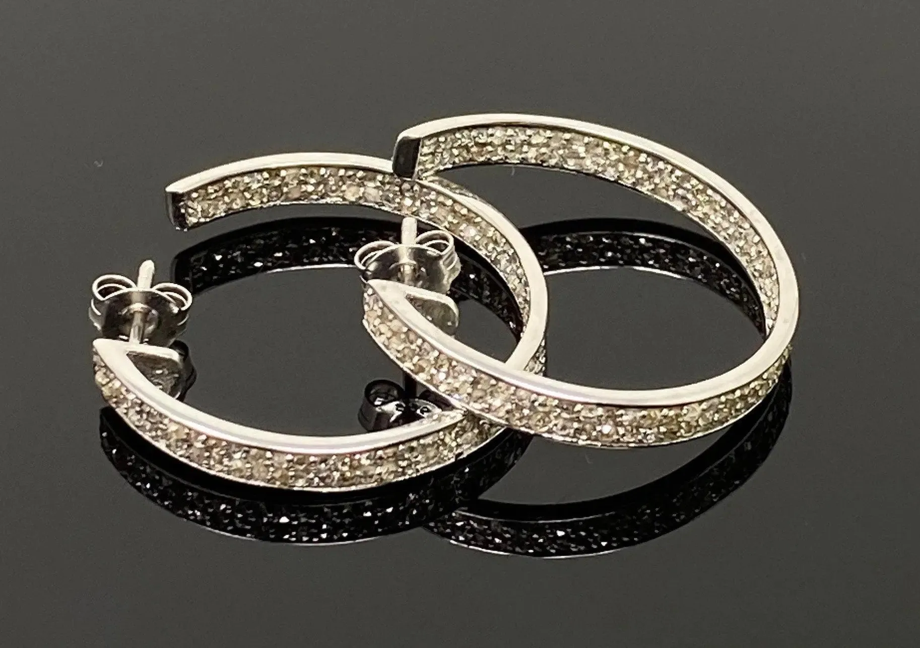 Sophisticated 25mm Sterling Silver Double Line Diamond Hoop Earrings
