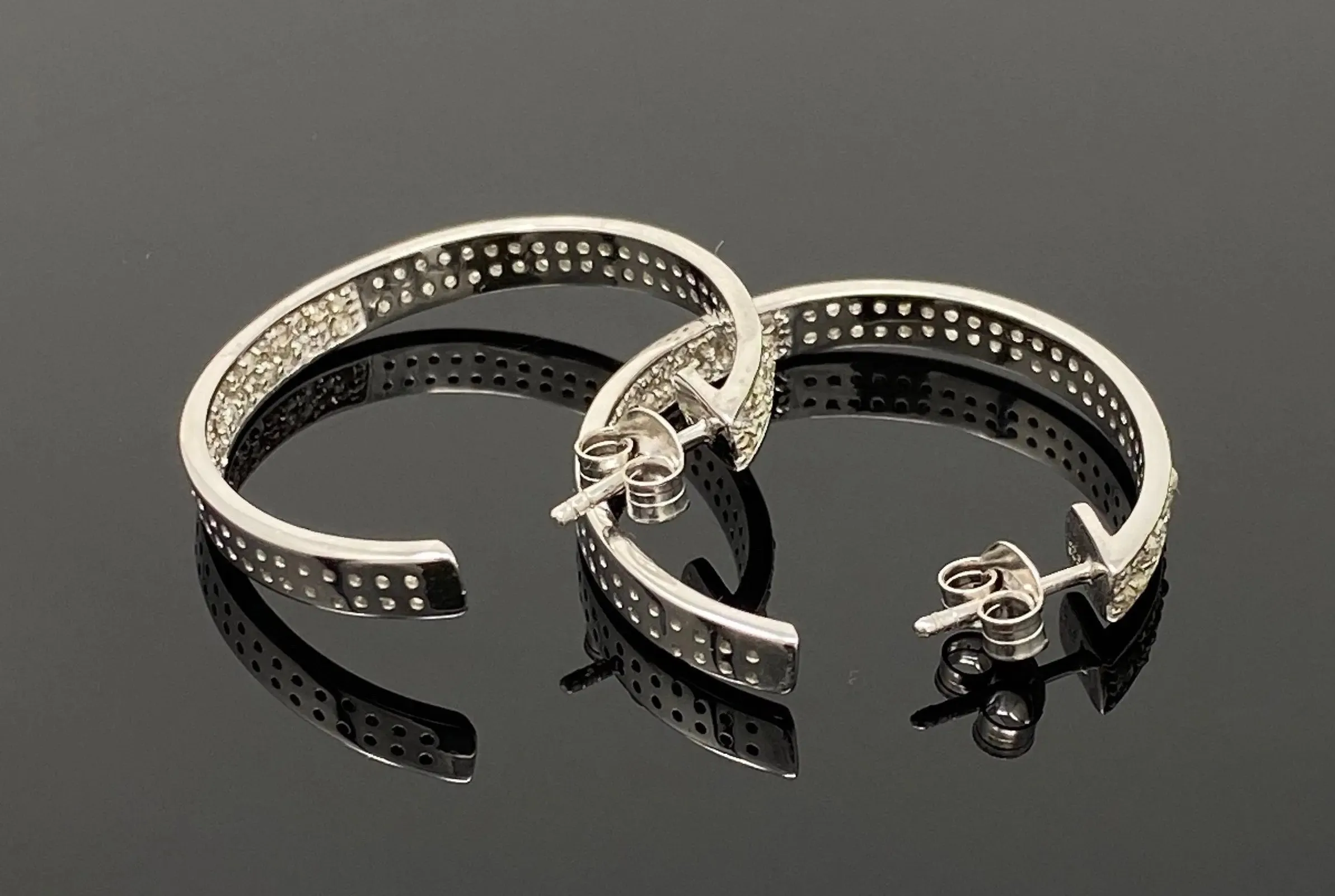 Sophisticated 25mm Sterling Silver Double Line Diamond Hoop Earrings