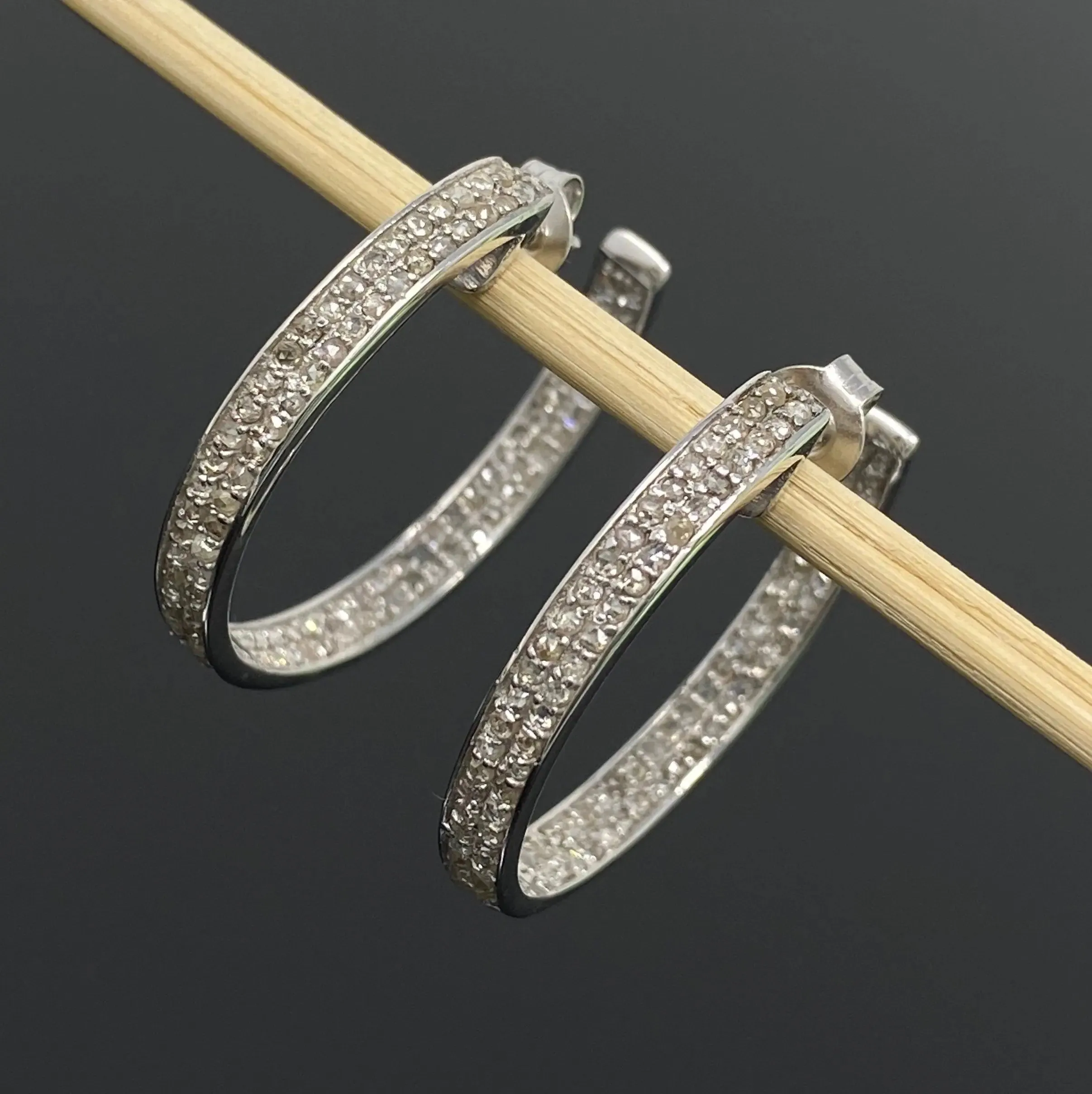 Sophisticated 25mm Sterling Silver Double Line Diamond Hoop Earrings