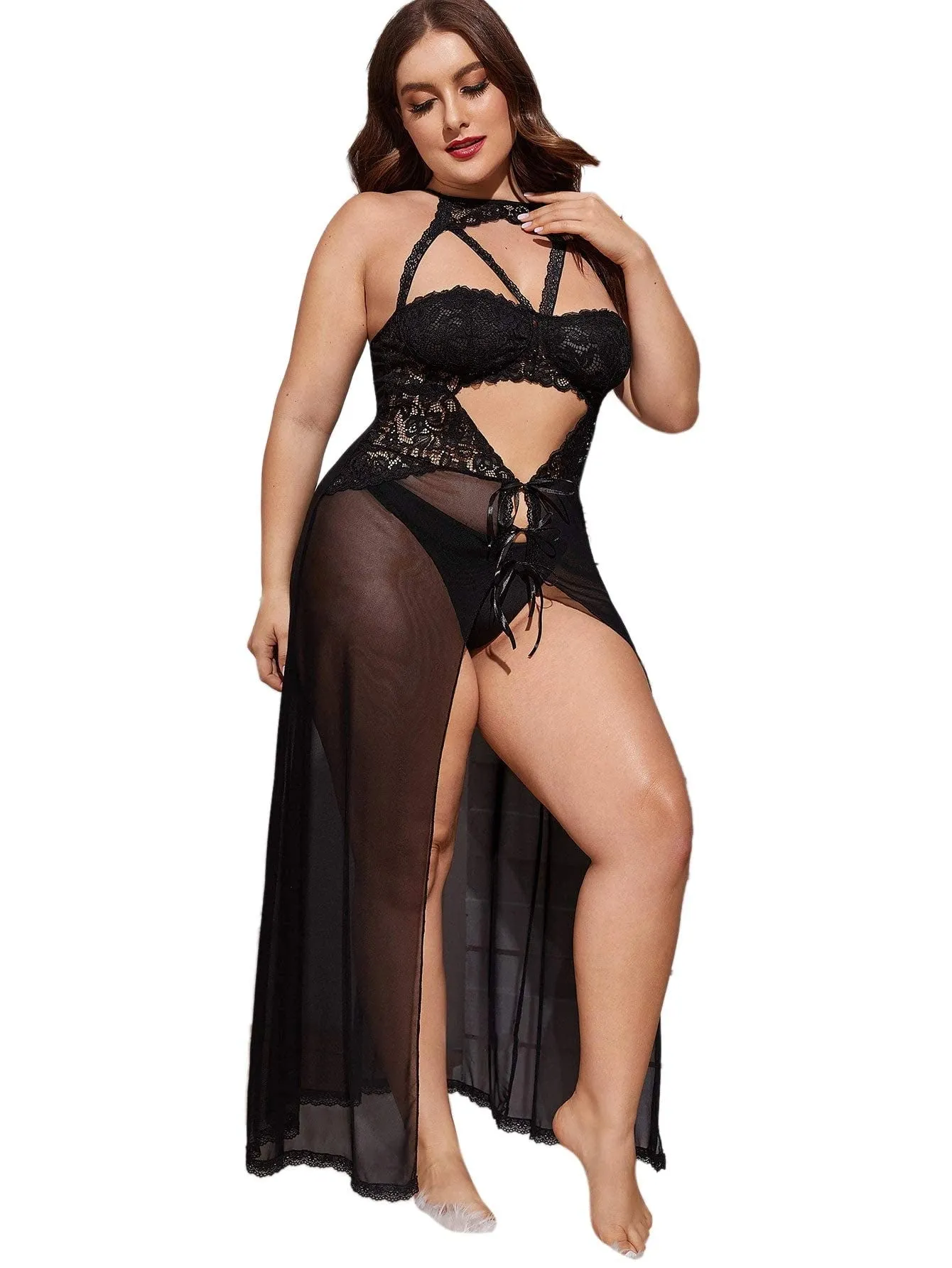 Sophisticated Black Lace Maxi Nightgown