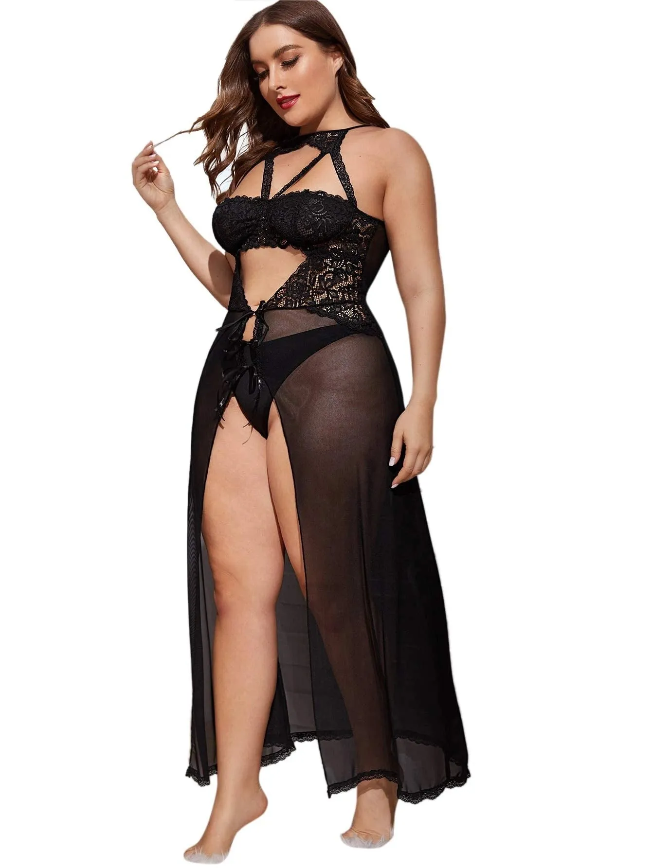 Sophisticated Black Lace Maxi Nightgown