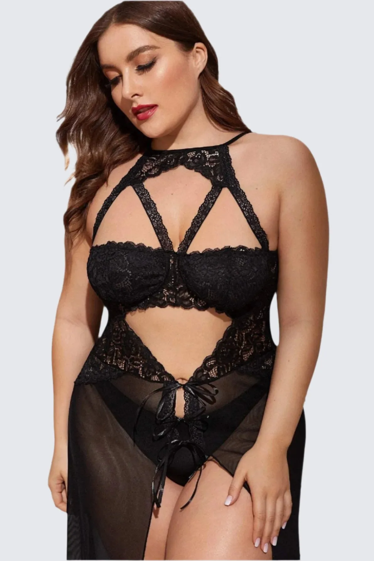 Sophisticated Black Lace Maxi Nightgown