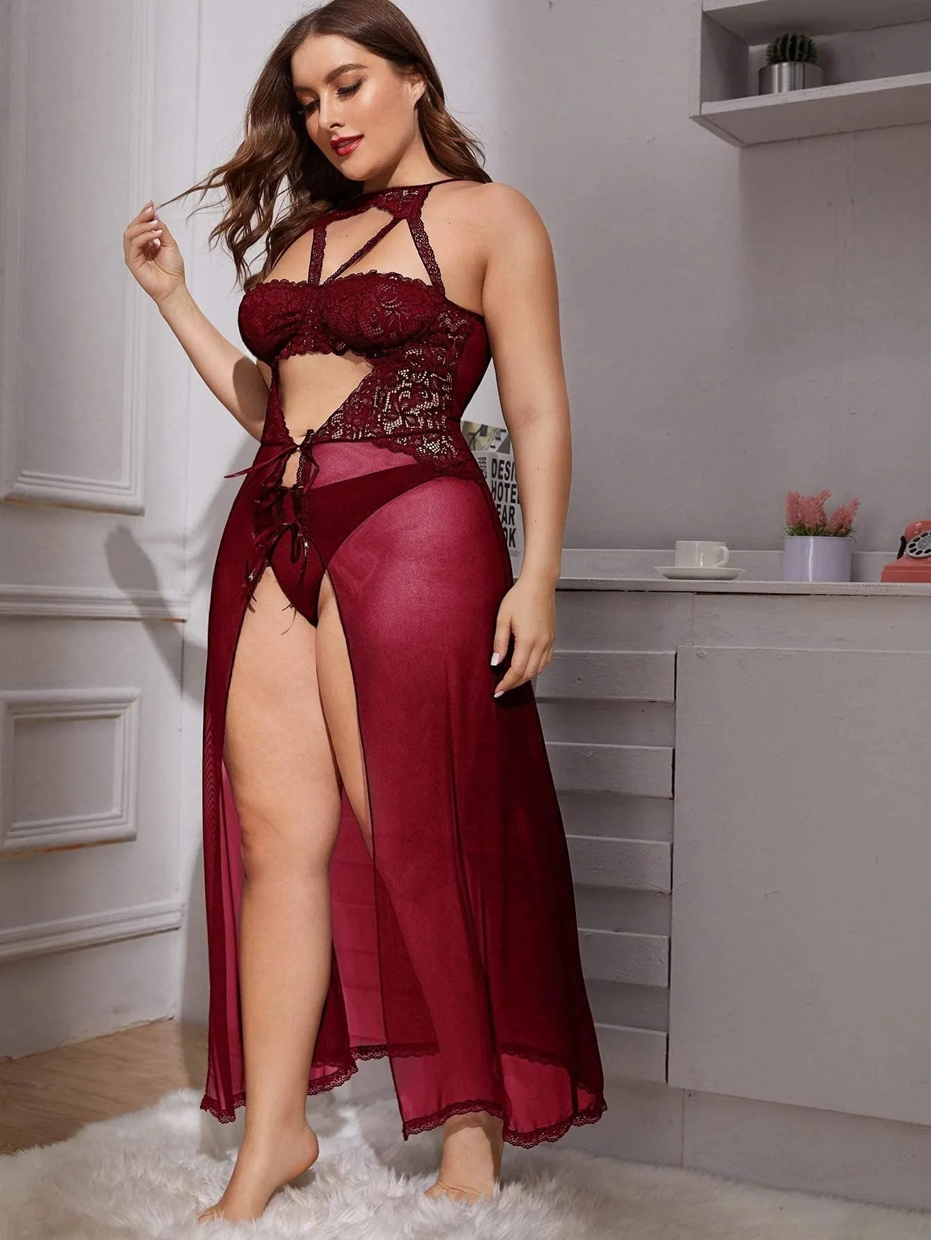 Sophisticated Black Lace Maxi Nightgown
