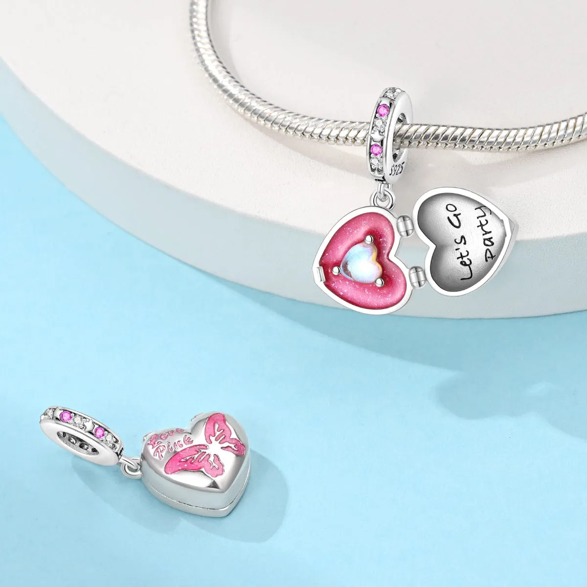 Sparkling Pink Heart Locket with 'Let's Go Party' Inner Heart Charm