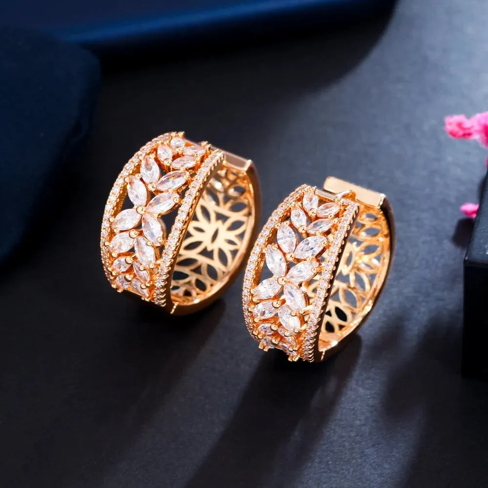 Sparkly Cubic Zircon Crystal Pave Flower Leaf Shape Gold Plated Hoop Earrings
