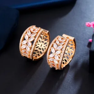 Sparkly Cubic Zircon Crystal Pave Flower Leaf Shape Gold Plated Hoop Earrings
