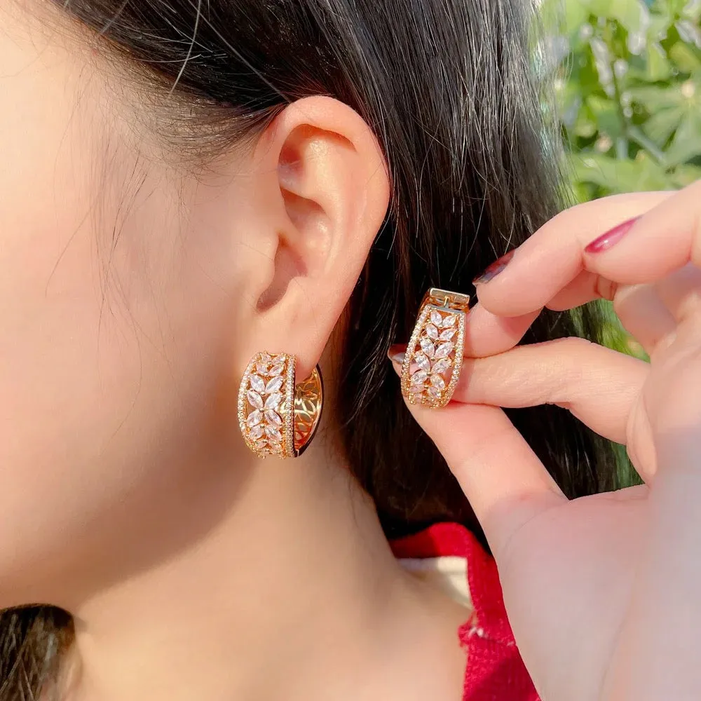 Sparkly Cubic Zircon Crystal Pave Flower Leaf Shape Gold Plated Hoop Earrings