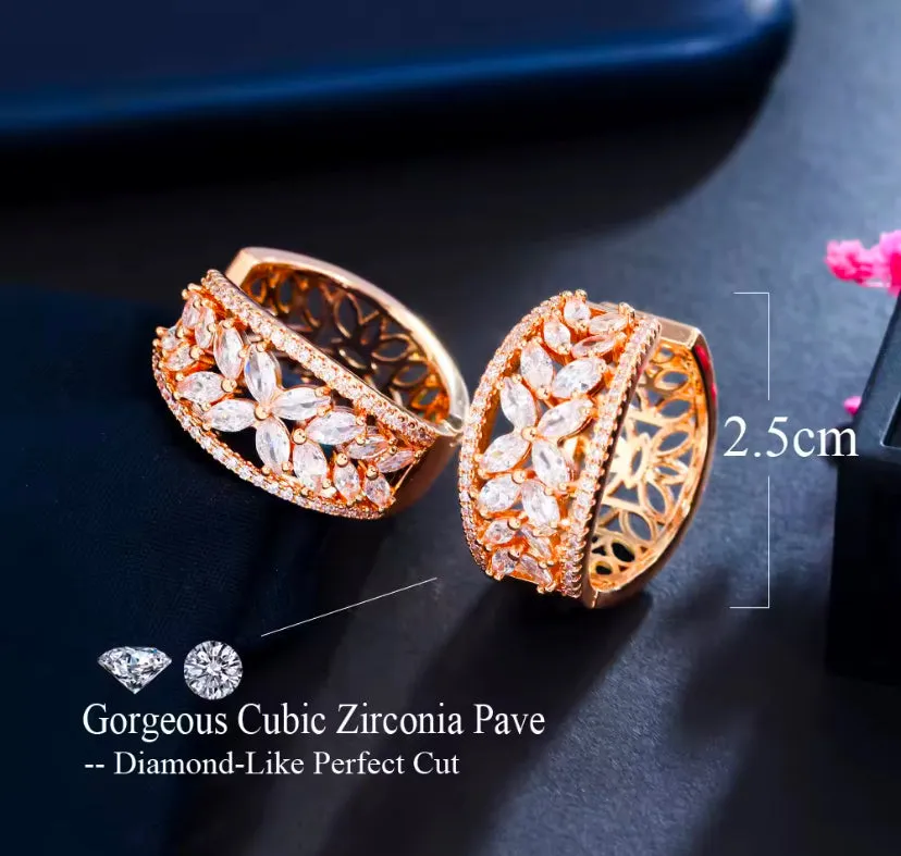Sparkly Cubic Zircon Crystal Pave Flower Leaf Shape Gold Plated Hoop Earrings