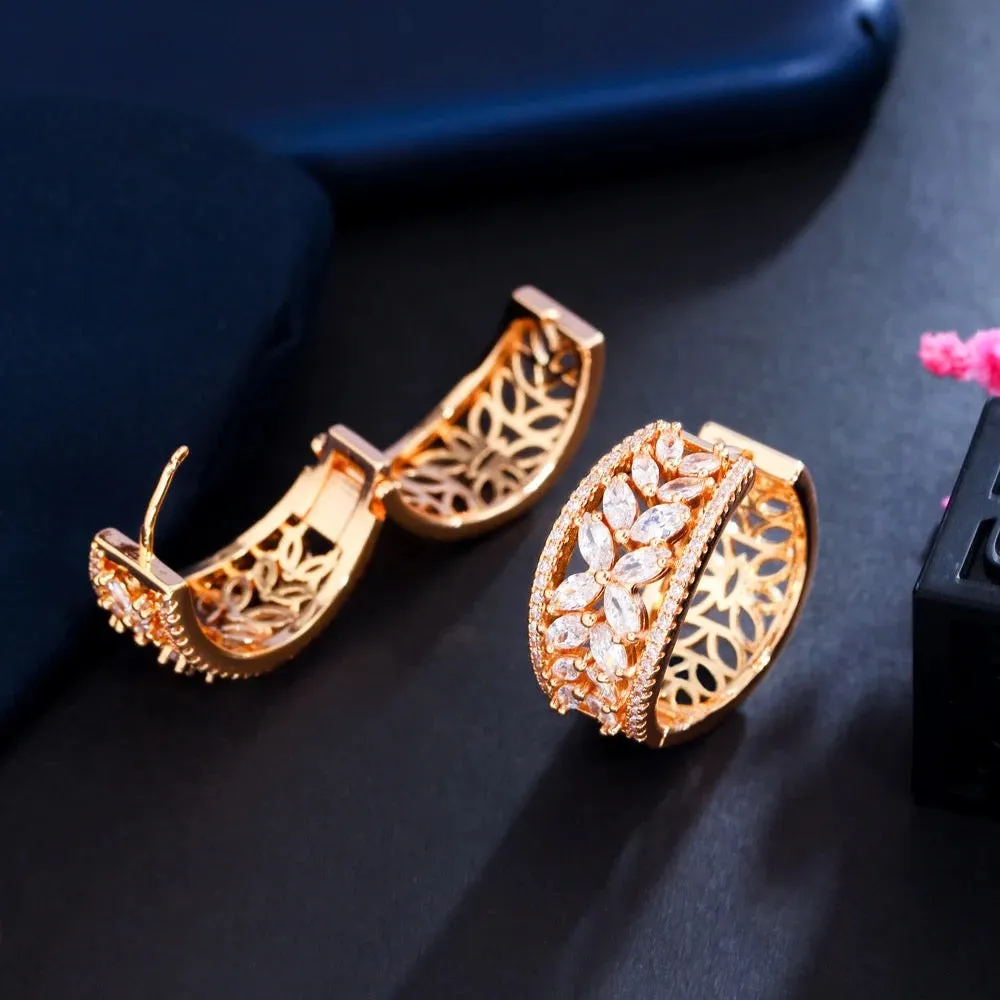 Sparkly Cubic Zircon Crystal Pave Flower Leaf Shape Gold Plated Hoop Earrings
