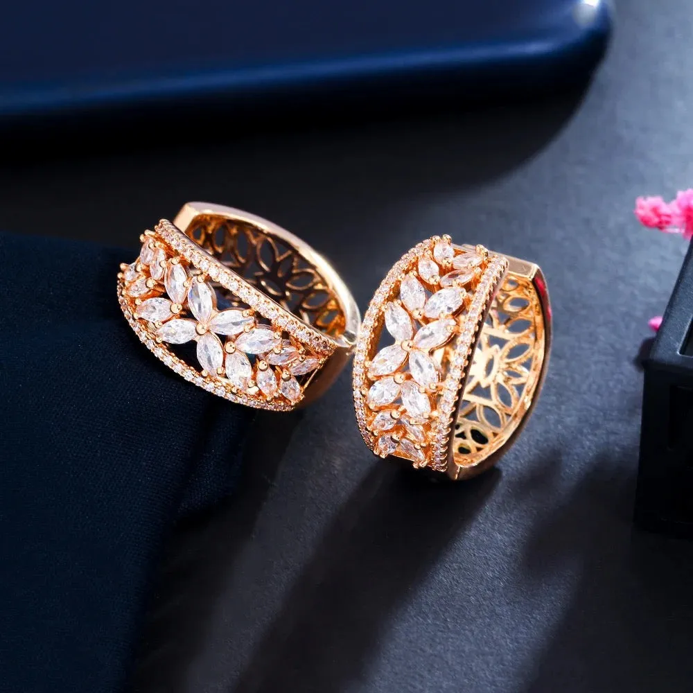 Sparkly Cubic Zircon Crystal Pave Flower Leaf Shape Gold Plated Hoop Earrings