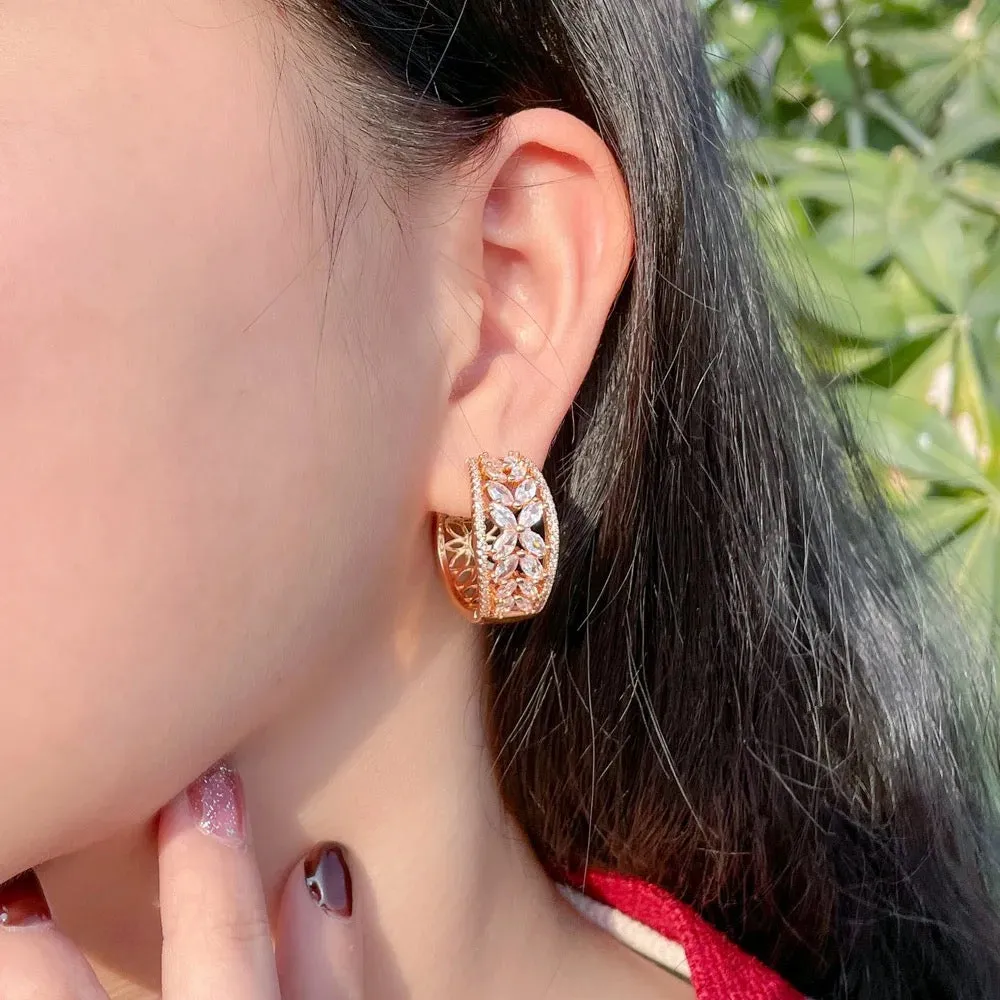 Sparkly Cubic Zircon Crystal Pave Flower Leaf Shape Gold Plated Hoop Earrings