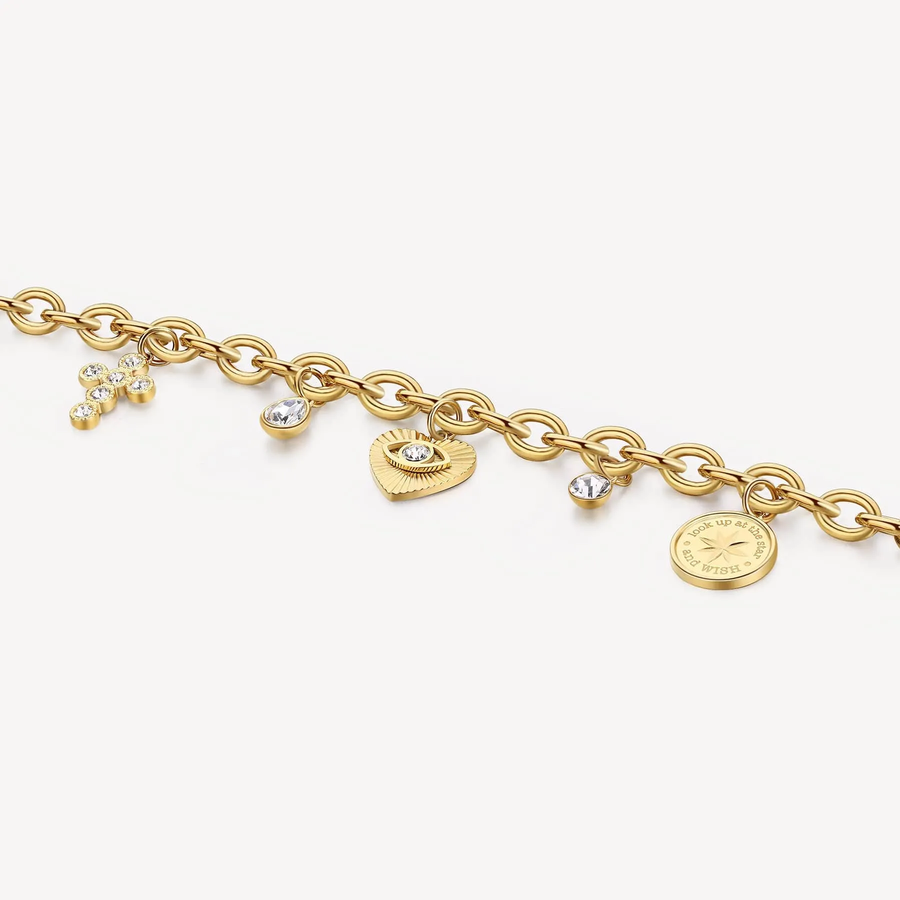 Stainless Steel Gold Tone Chakra Bracelet with Heart  & Cross Charms